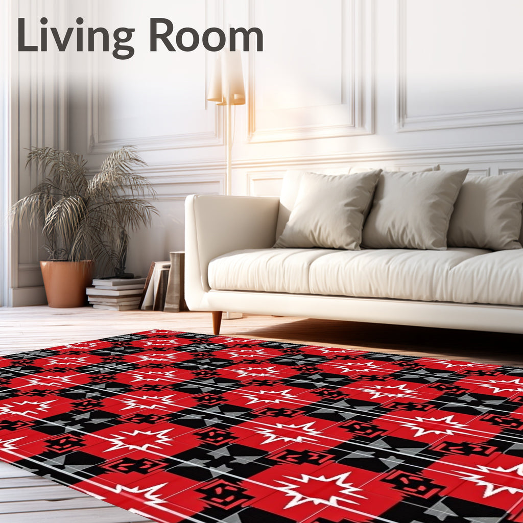 Bold Red Black Geometric Starburst Pattern Rug
