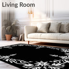 White Floral Vine Border Black Rug