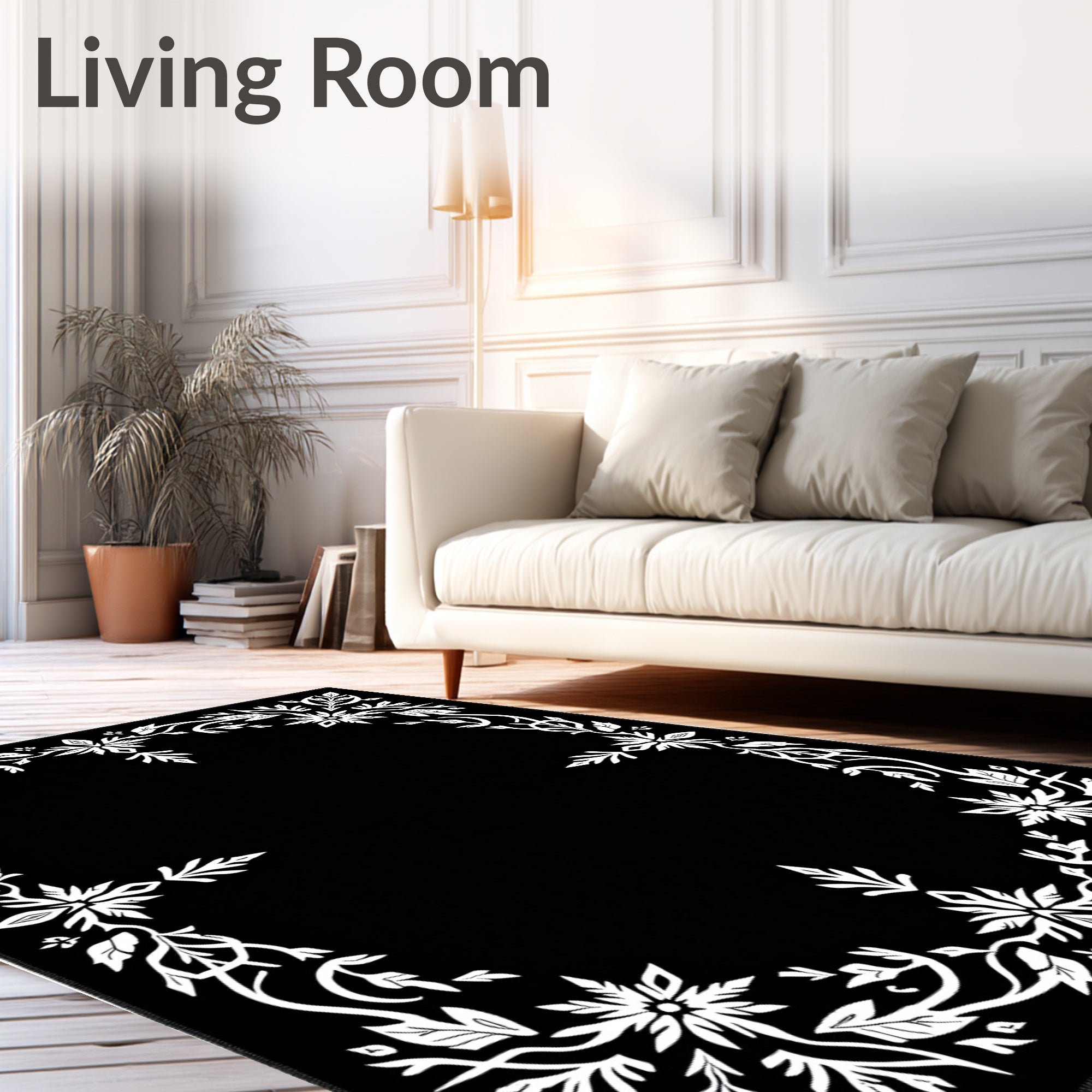 White Floral Vine Border Black Rug