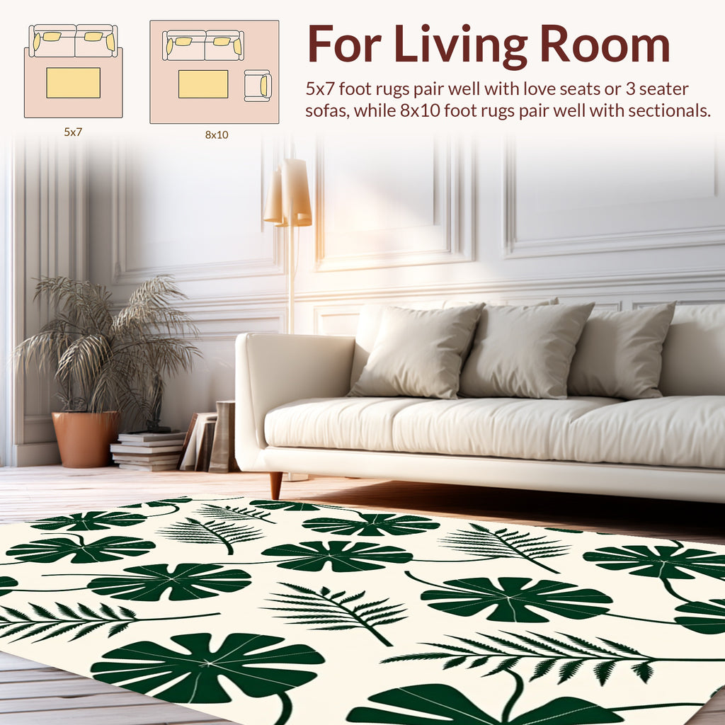 Dark Green Tropical Leaf Pattern Rug