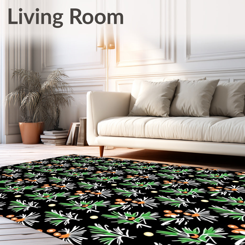 Black Green Orange Botanical Sprig Medley Rug
