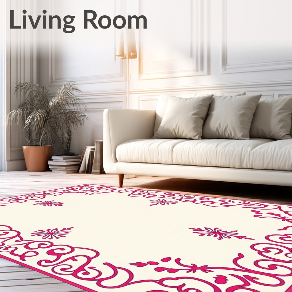 Ornate Pink Floral Scroll Border Design Rug
