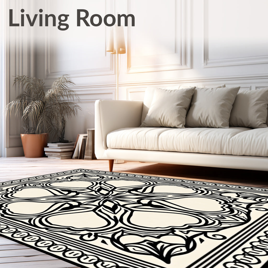 Ornate Black Floral Mandala Border Design Rug
