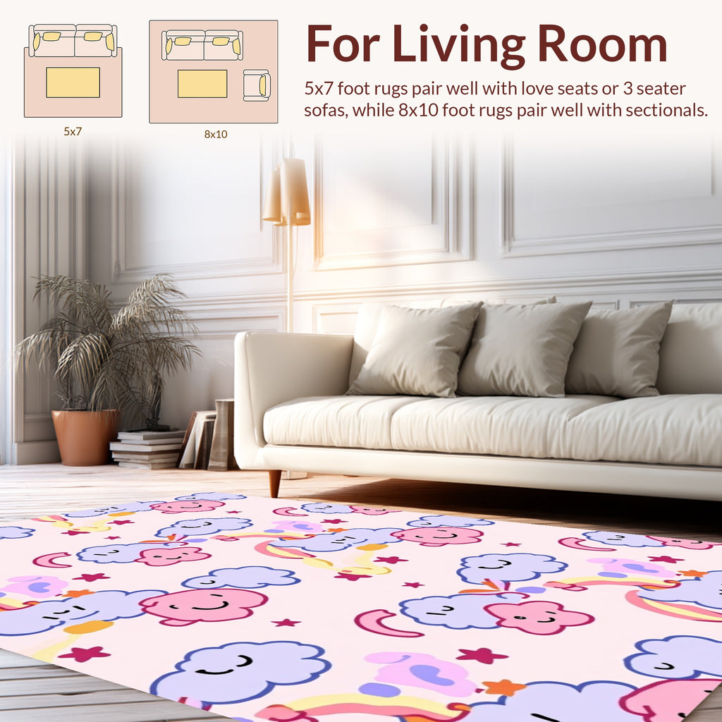 Whimsical Clouds Stars Rainbow Pattern Rug