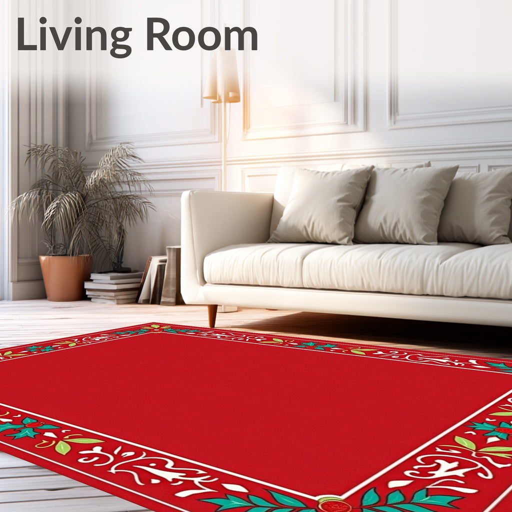 Red Holly Leaf Vine Border Design Rug
