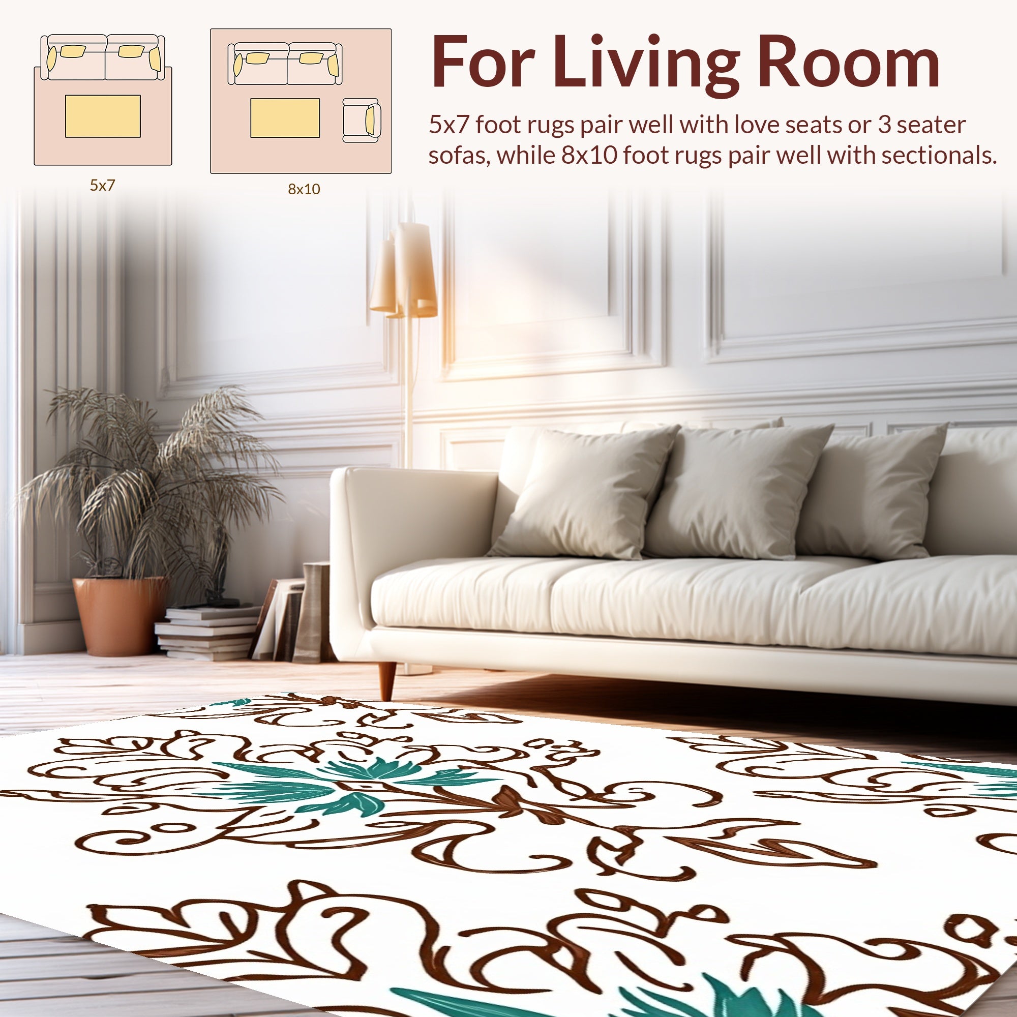 Brown Teal Floral Damask Pattern Rug
