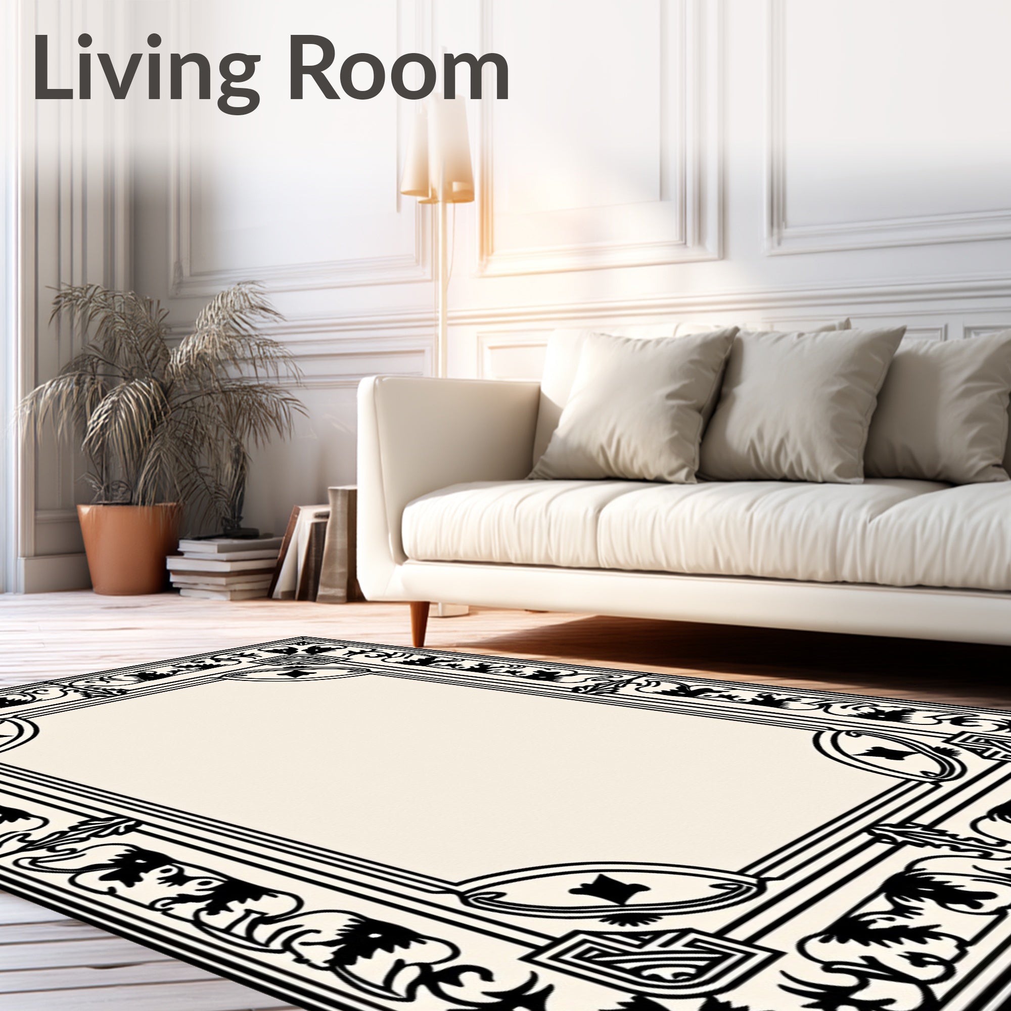 Ornate Black Floral Border Design Rug