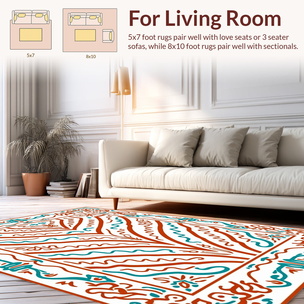 Ornate Coral Teal Abstract Design Rug