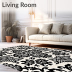 Ornate Black and White Floral Design Rug