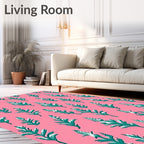 Teal Leaf Pattern on Pink Background Rug