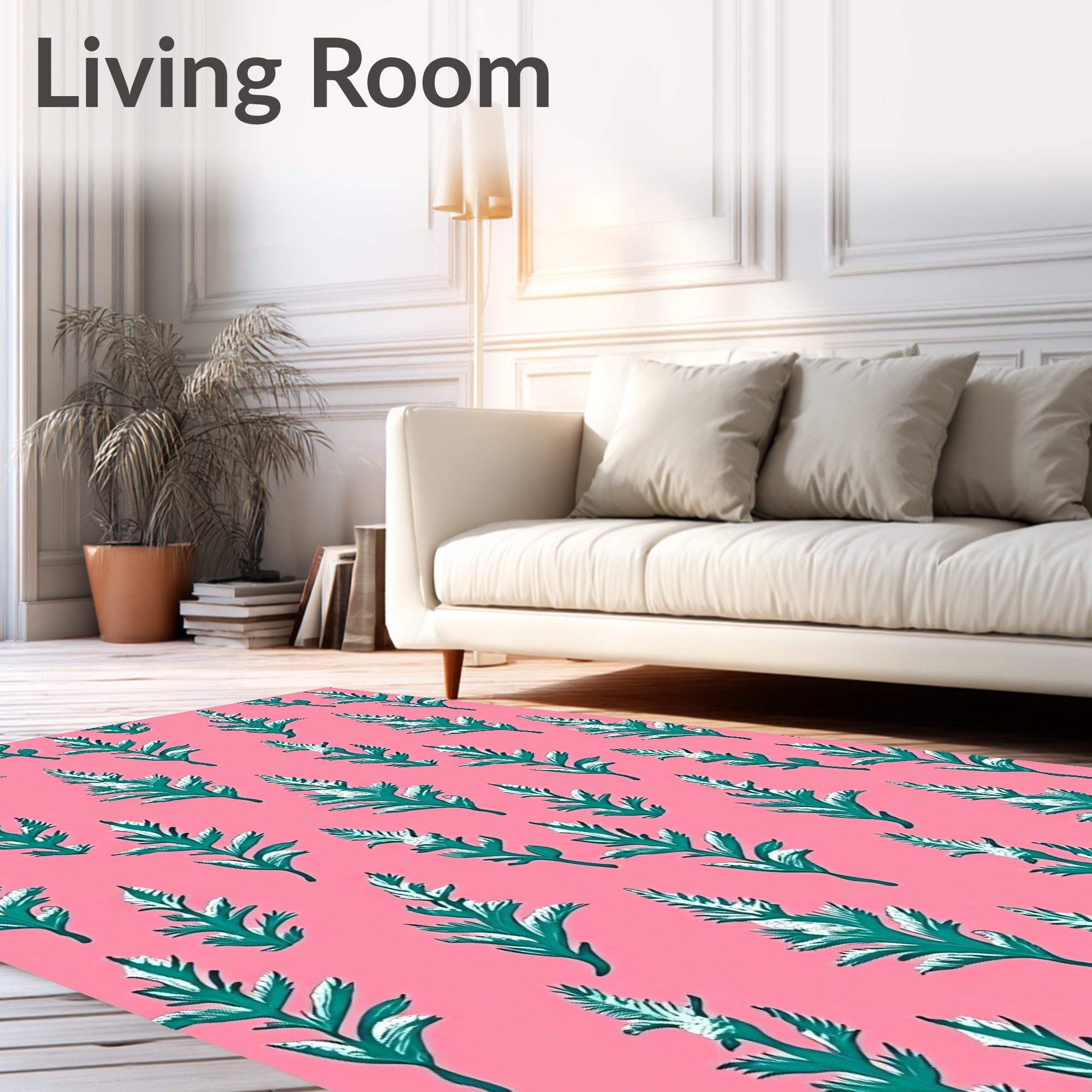 Teal Leaf Pattern on Pink Background Rug