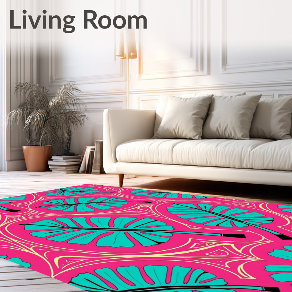 Vibrant Teal Leaf Tropical Swirl Rug