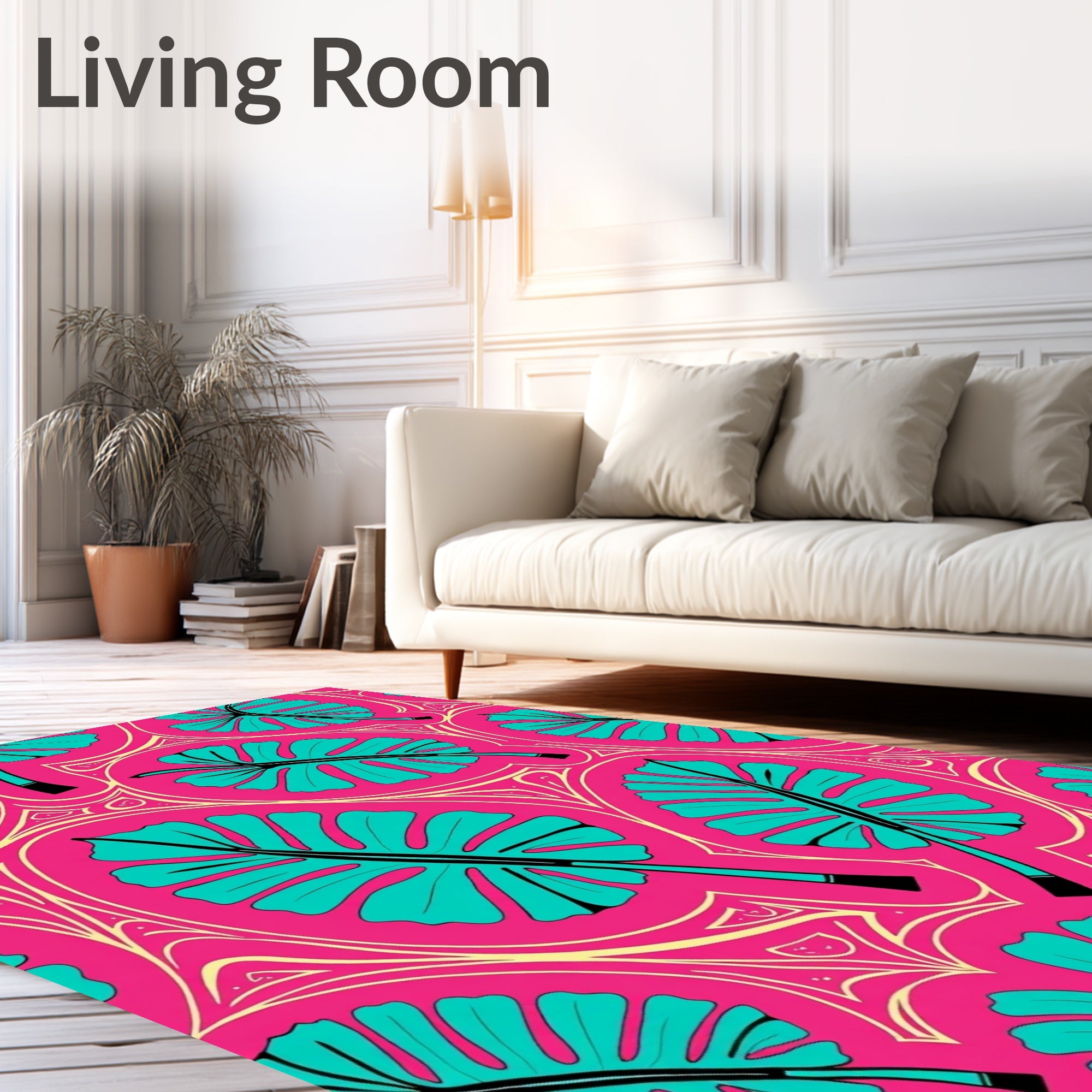 Vibrant Teal Leaf Tropical Swirl Rug