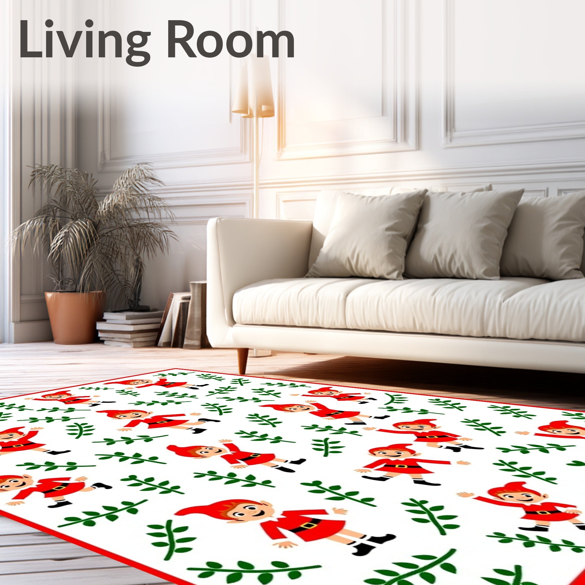 Red Elf Green Leaf Whimsical Playful Rug