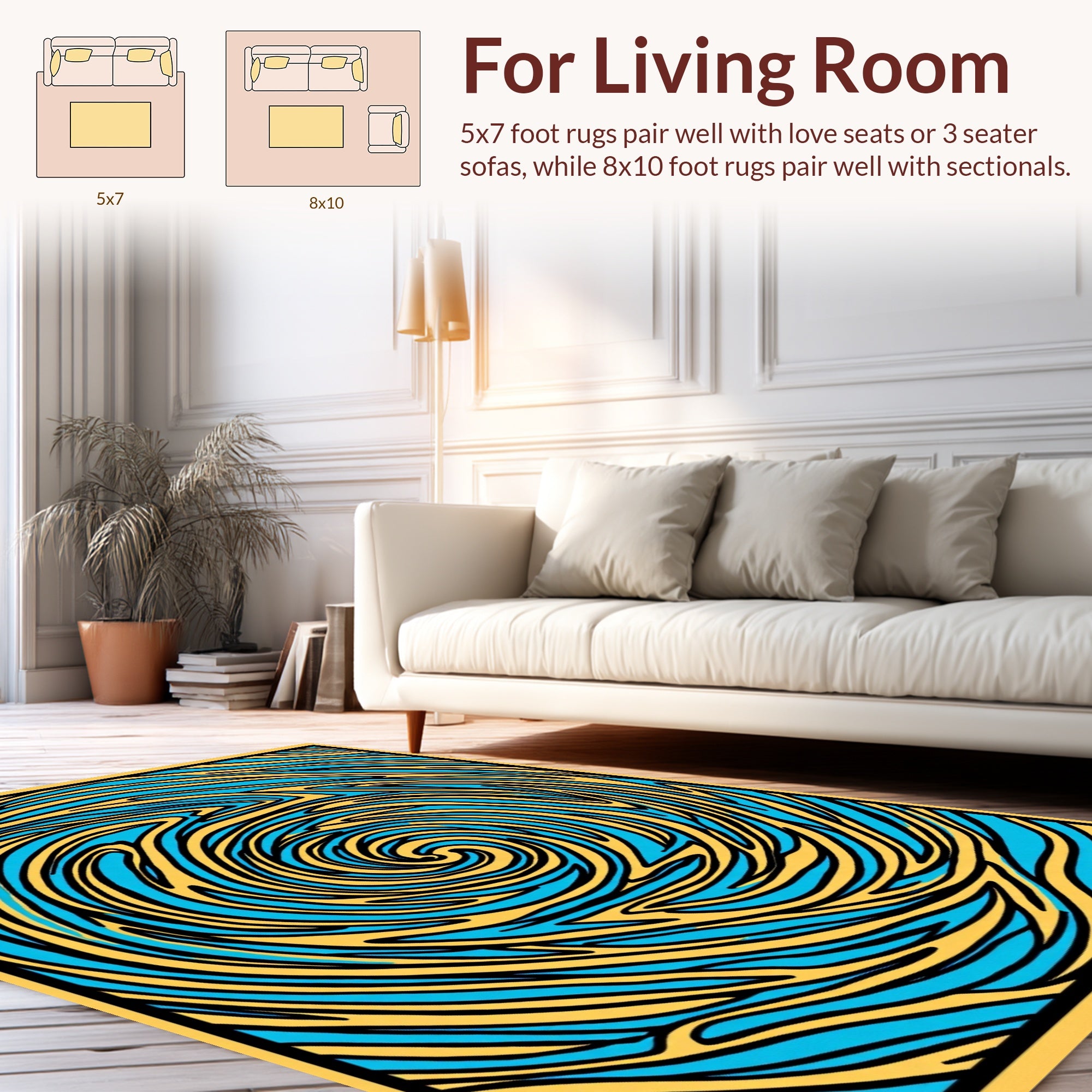 Abstract Swirl Yellow Blue Pattern Rug