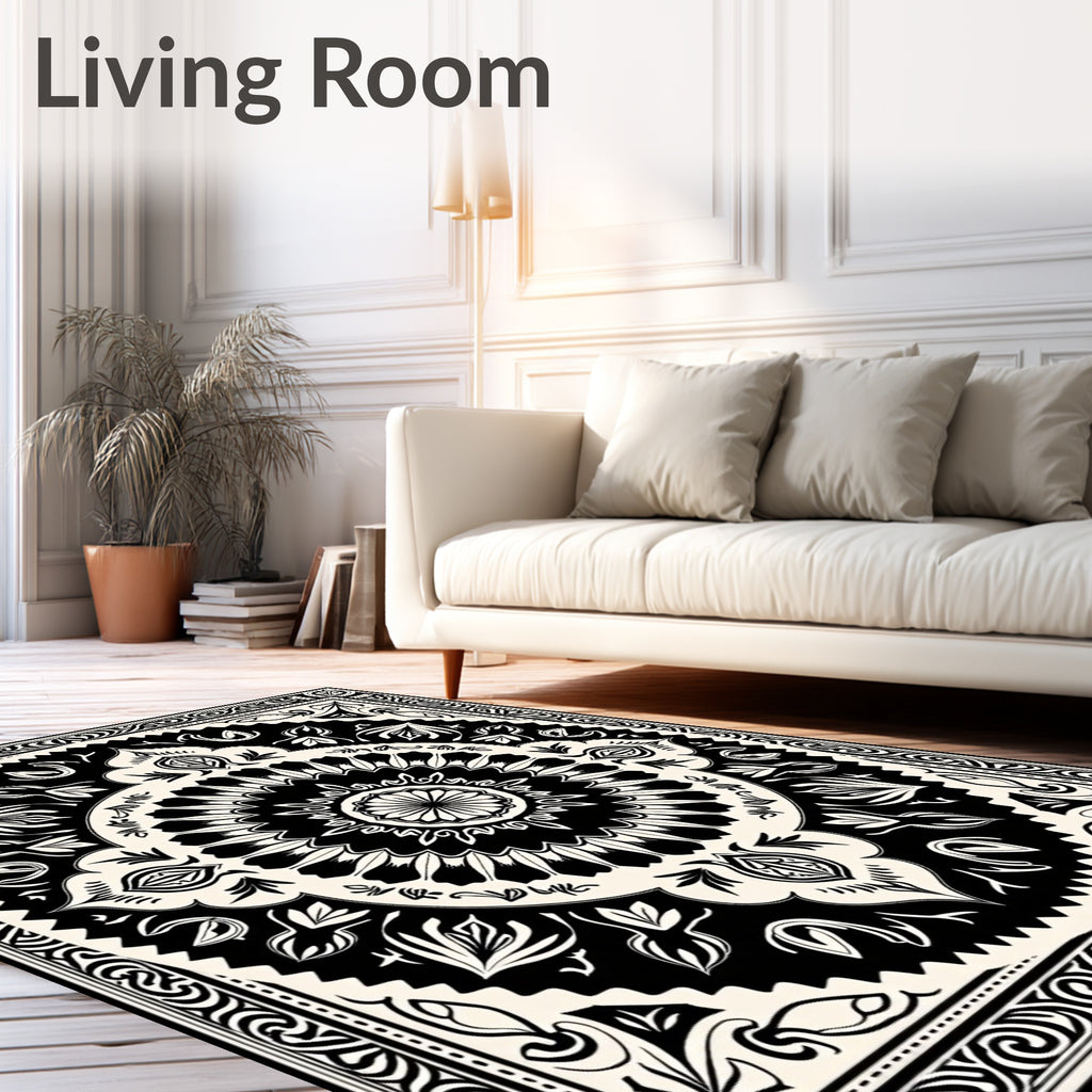 Black and Cream Intricate Floral Mandala Rug