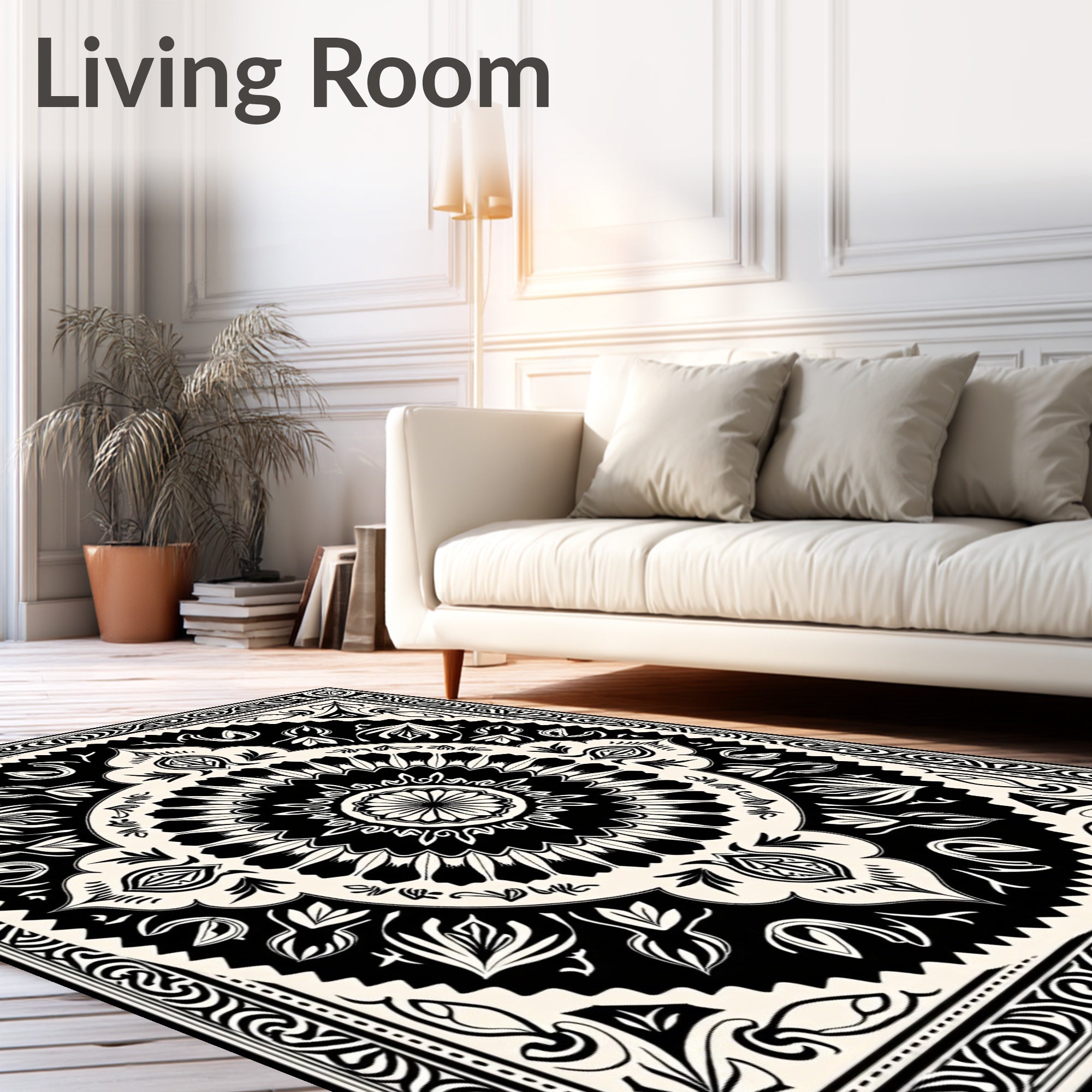 Black and Cream Intricate Floral Mandala Rug