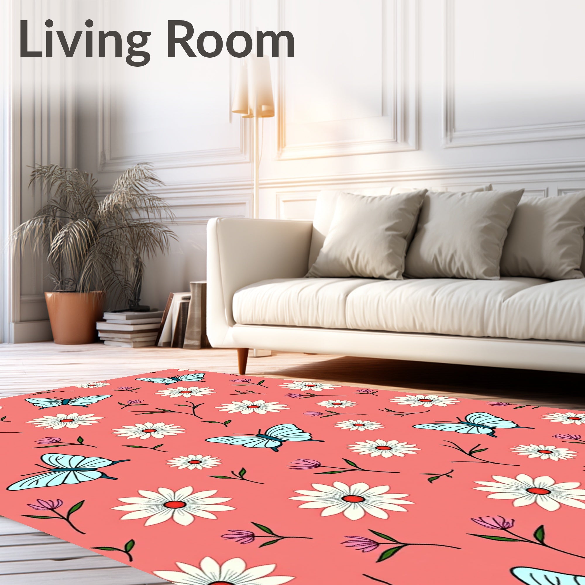 Blue Butterflies Daisy Pattern Design Rug