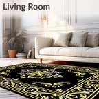 Golden Floral Medallion Black Decorative Rug