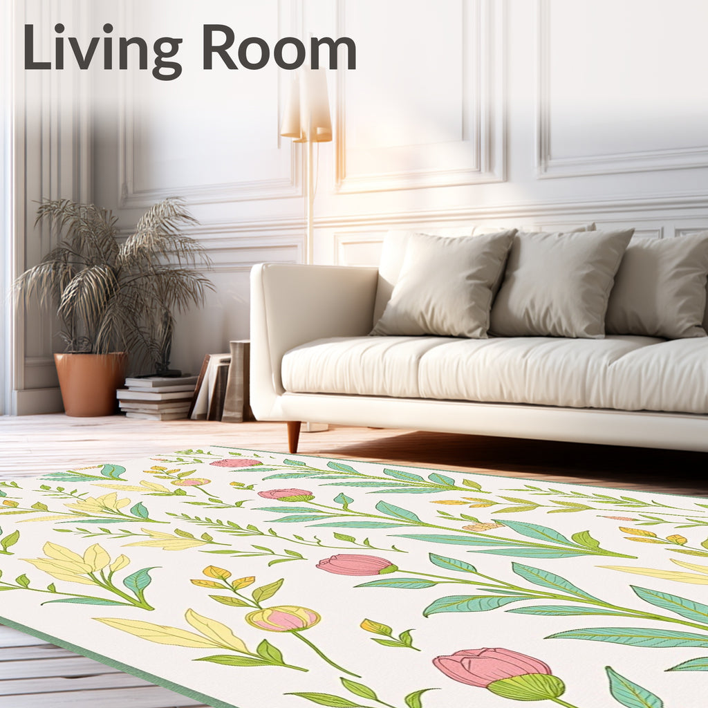 Botanical Flowers Creamy Yellow Green Design Rug