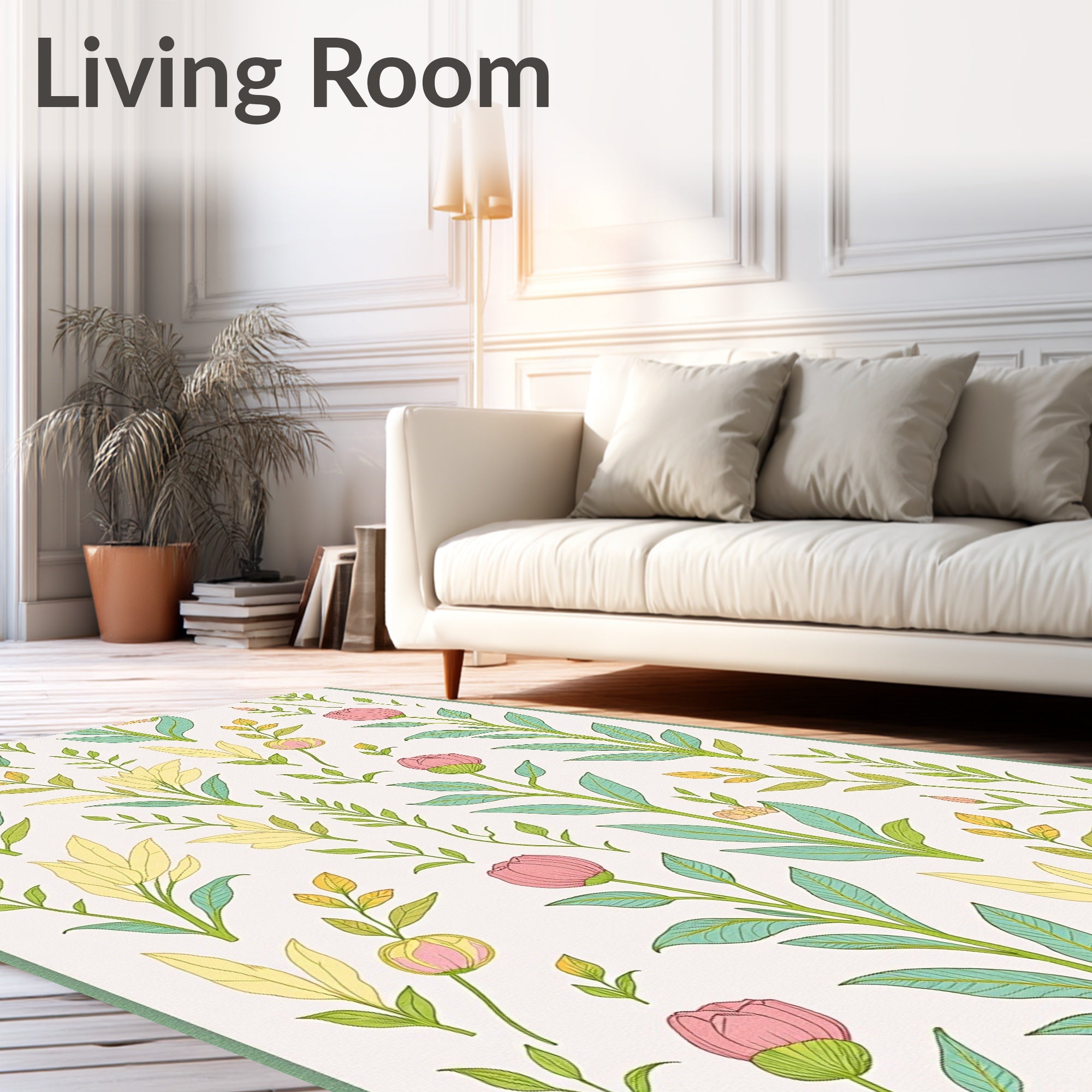 Botanical Flowers Creamy Yellow Green Design Rug