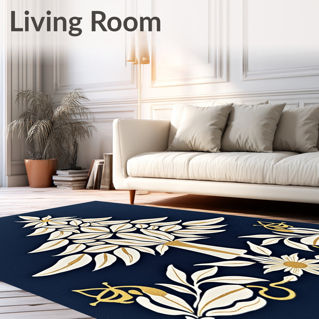 Elegant White Gold Floral Tree Design Rug