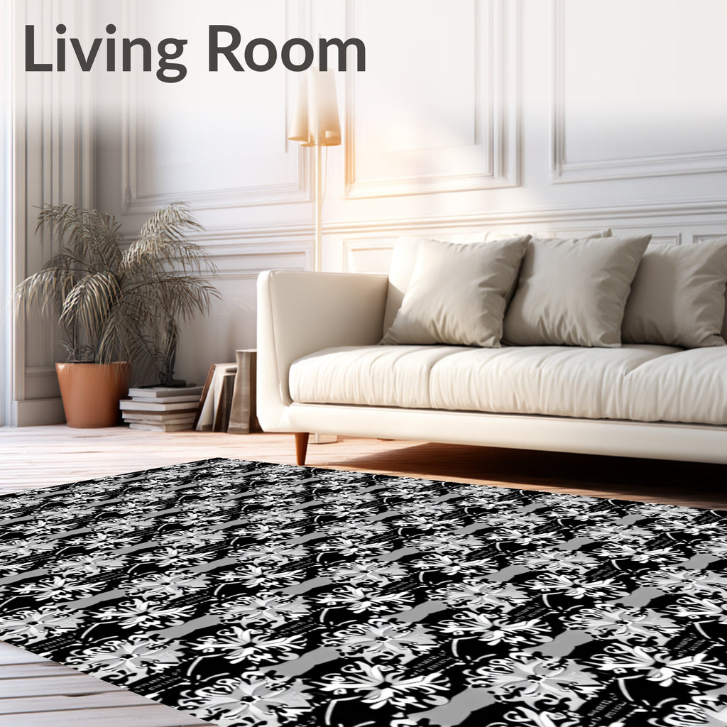 White Floral Motif On Black Design Rug