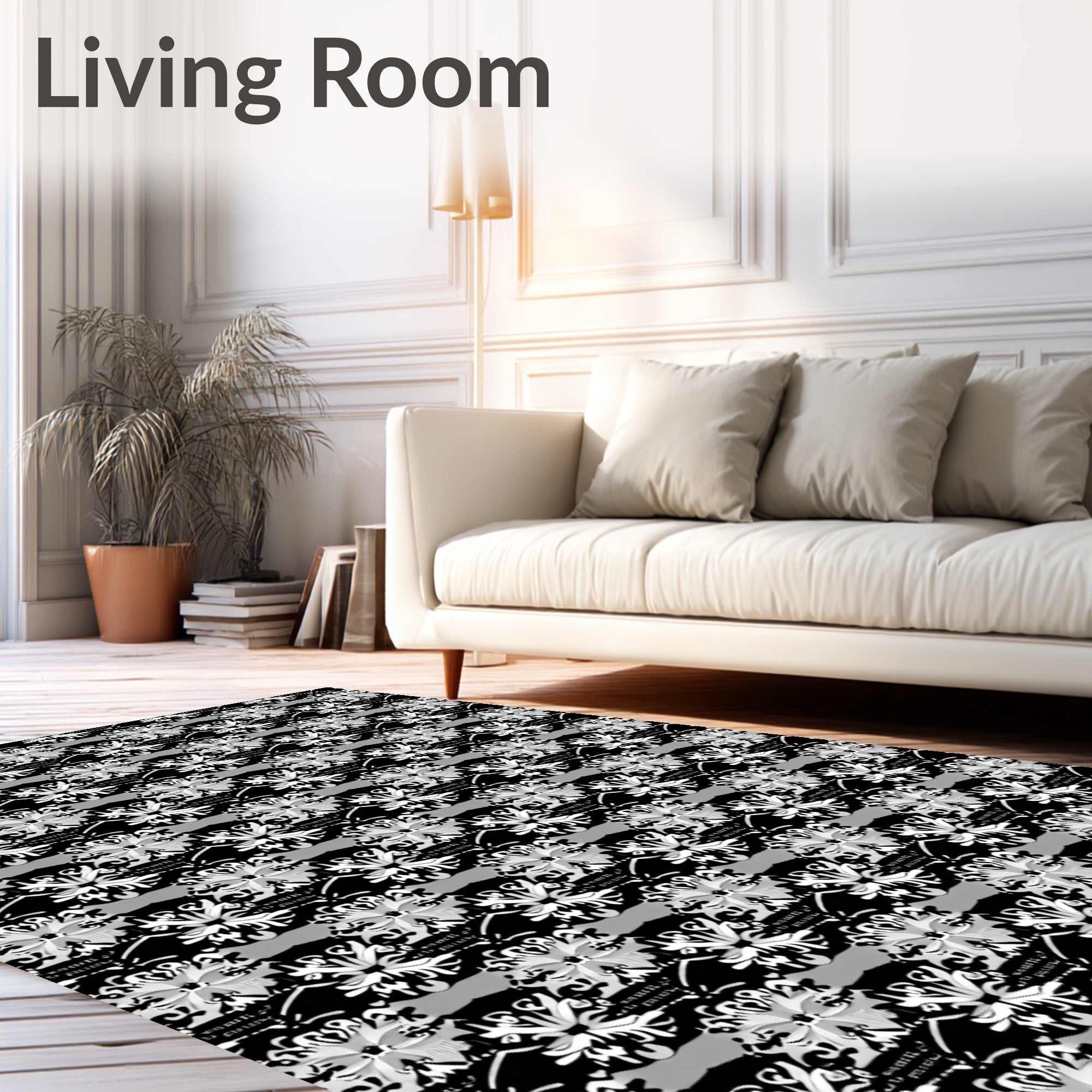 White Floral Motif On Black Design Rug
