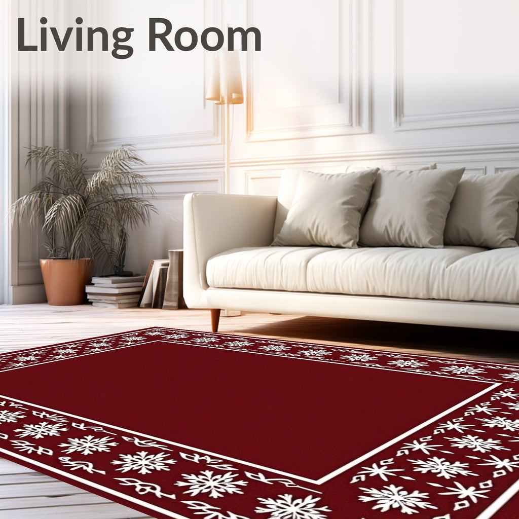 White Snowflake Border In Crimson Red Rug