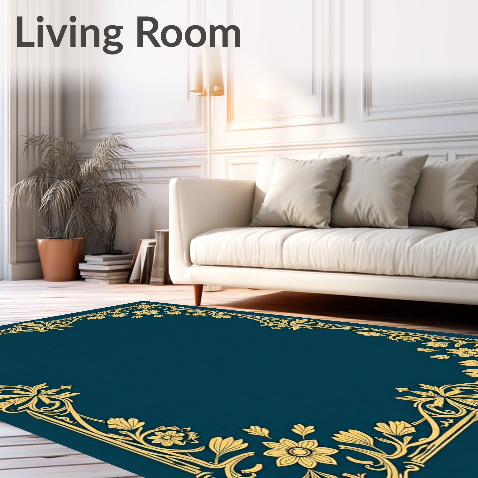 Gold Floral Ornament Design Border Rug