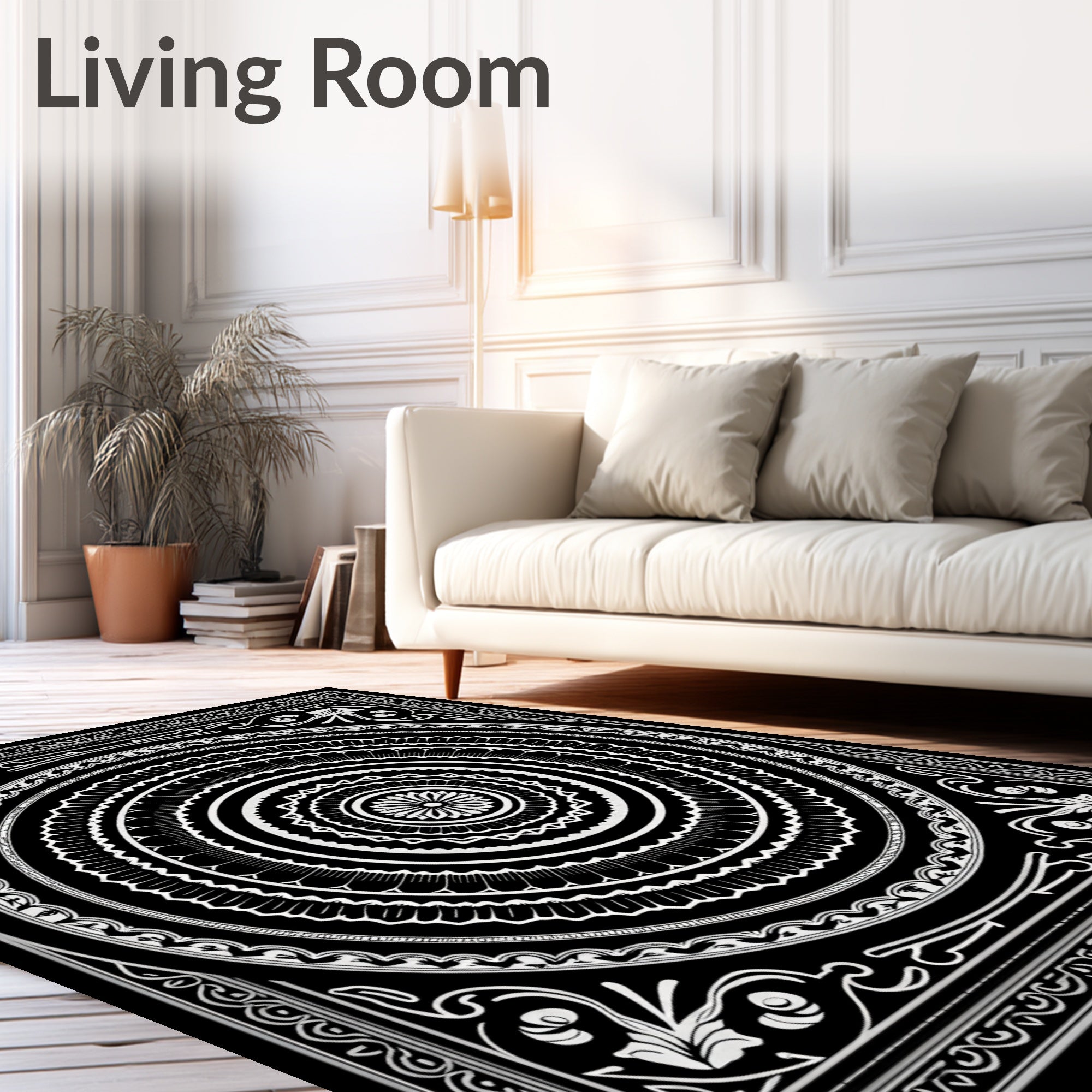 Monochromatic Circular Floral Mandala Art Rug
