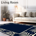 Navy Cream Tropical Leaf Border Rug