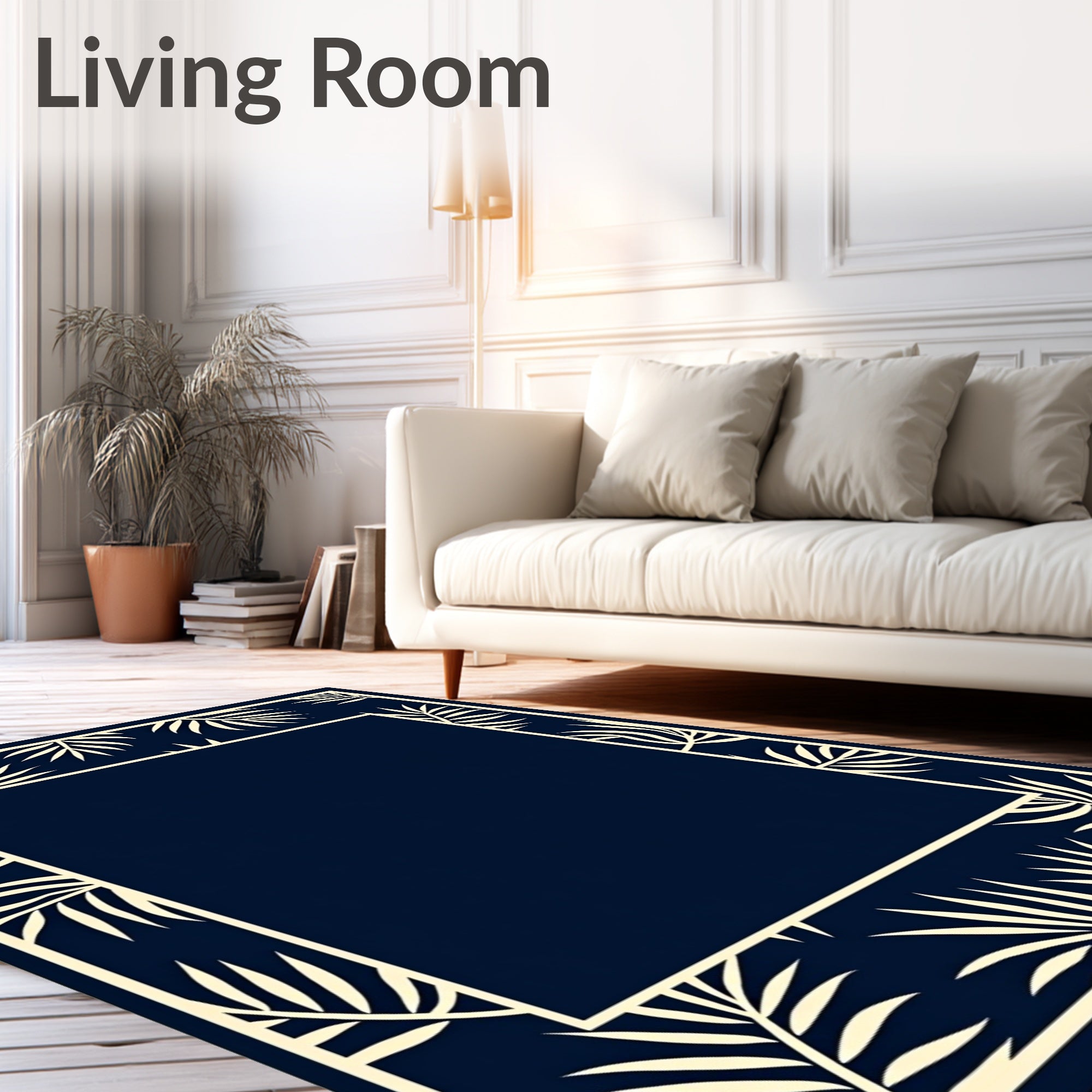 Navy Cream Tropical Leaf Border Rug