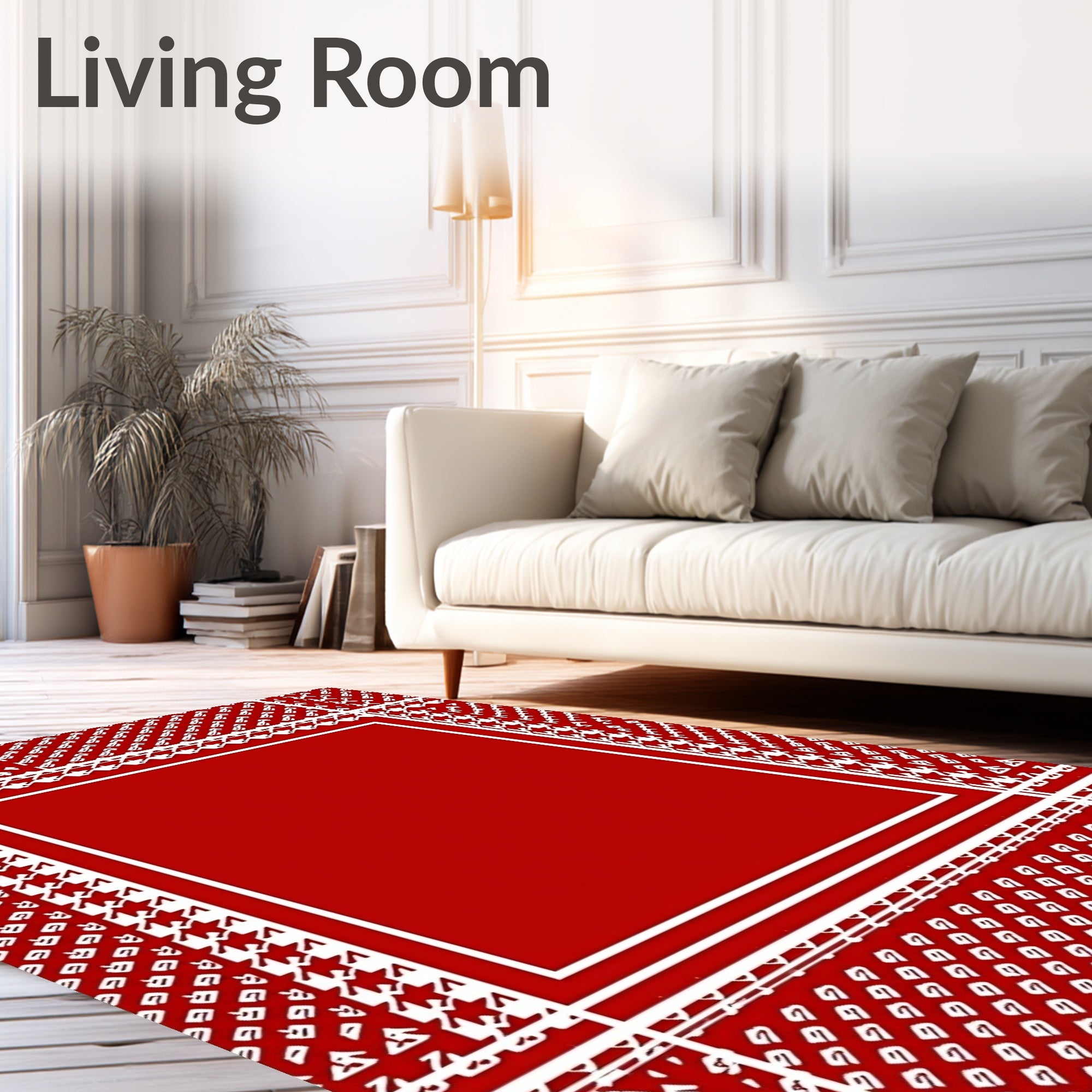 Classic Houndstooth Bordered Red Rug