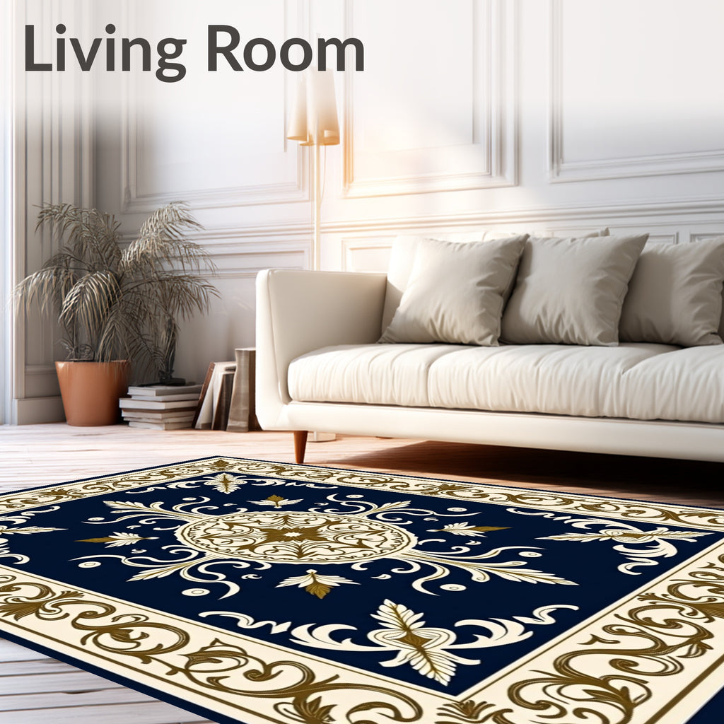 Ornate Floral Scrollwork Navy Rug