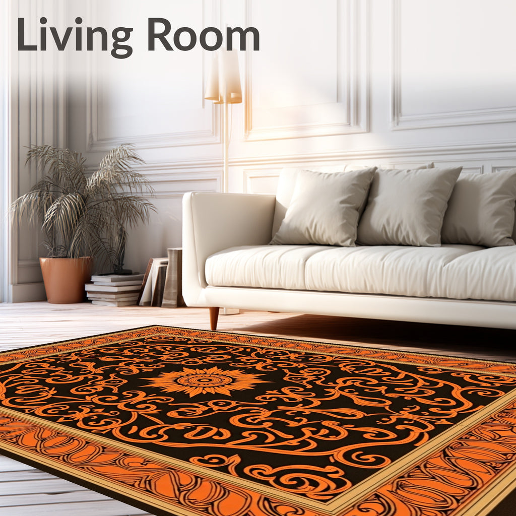 Orange Floral Scrollwork with Sunburst Rug