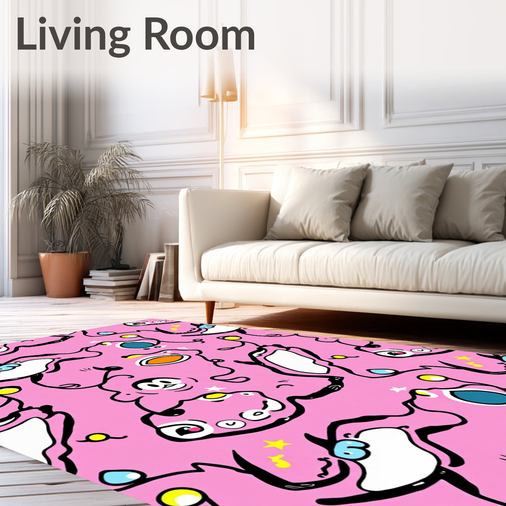 Playful Pink Cartoon Character Pattern Design Rug