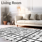 Black White Grid Floral Scroll Arrangement Rug