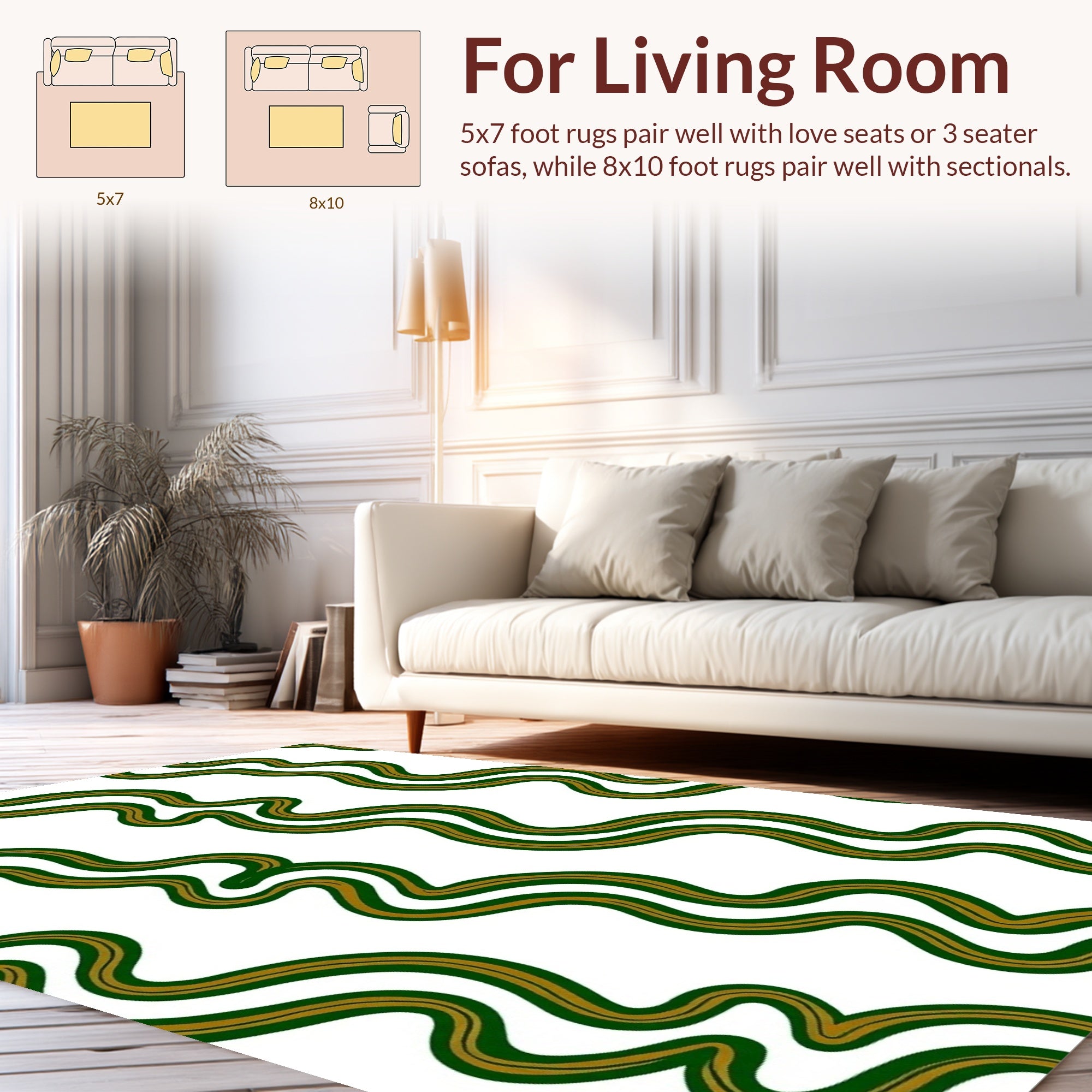 Curved Green Gold Waves Pattern Rug