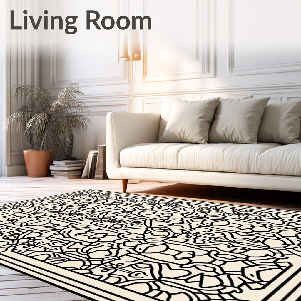 Intricate Linear Black Ivory Pattern Rug