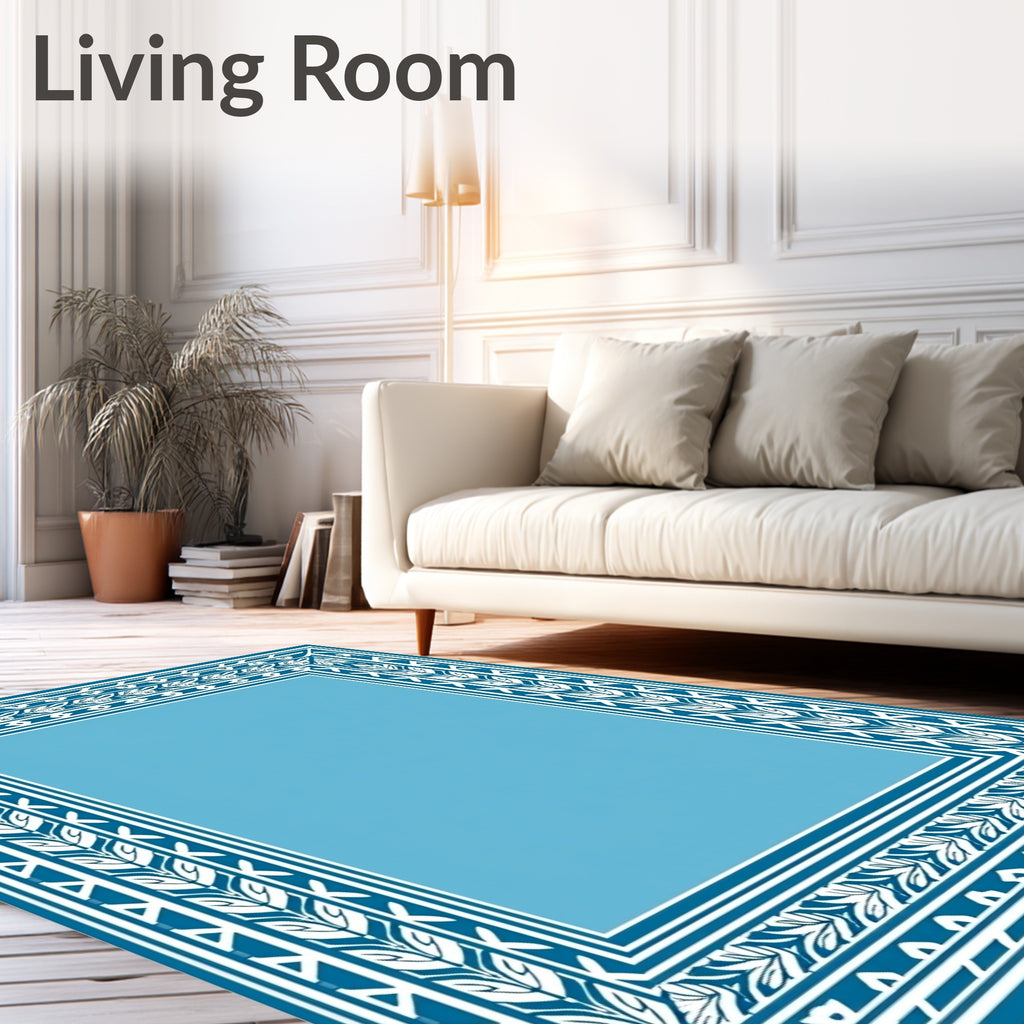 Classic Blue Leaf Pattern Border Rug