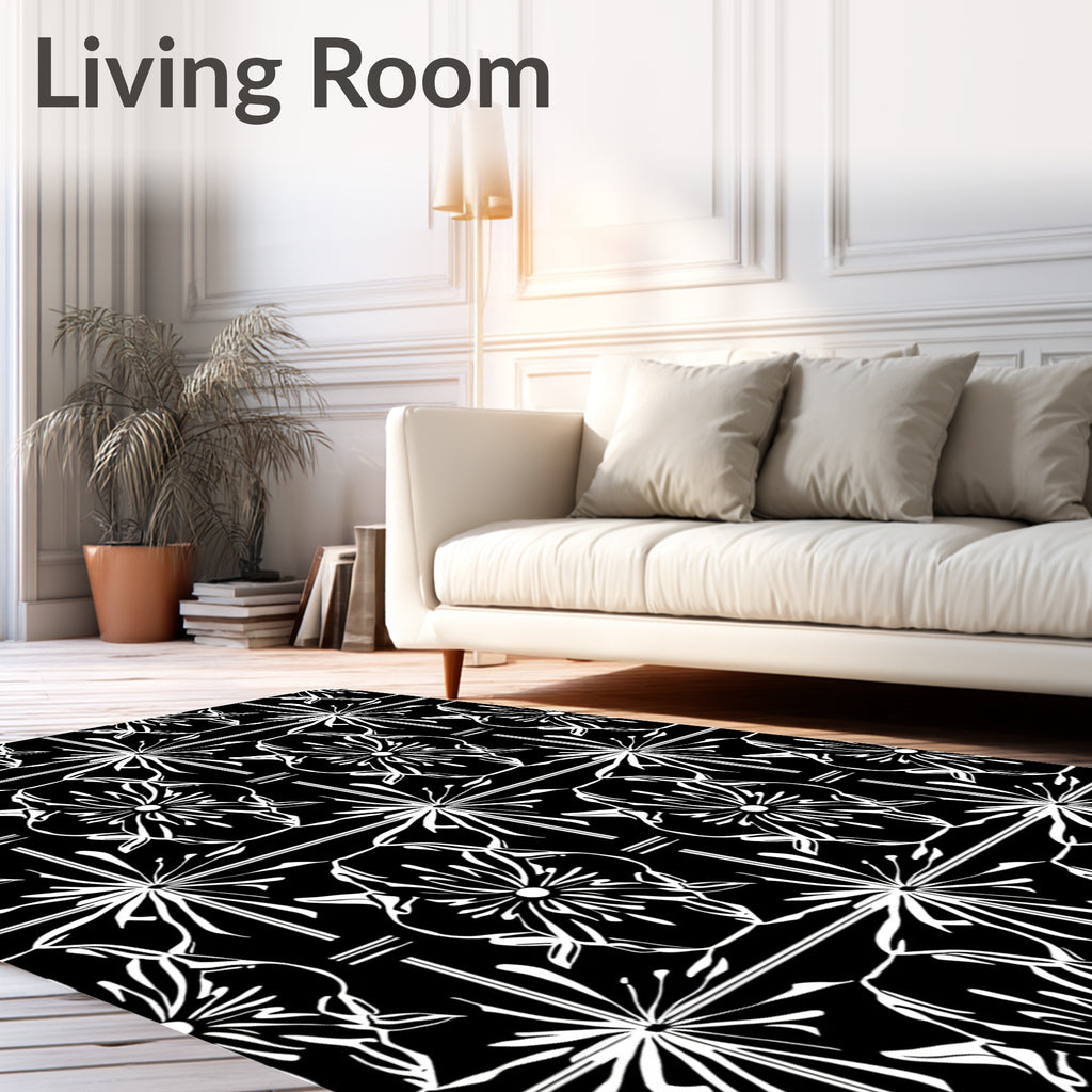 Elegant Black White Floral Damask Rug