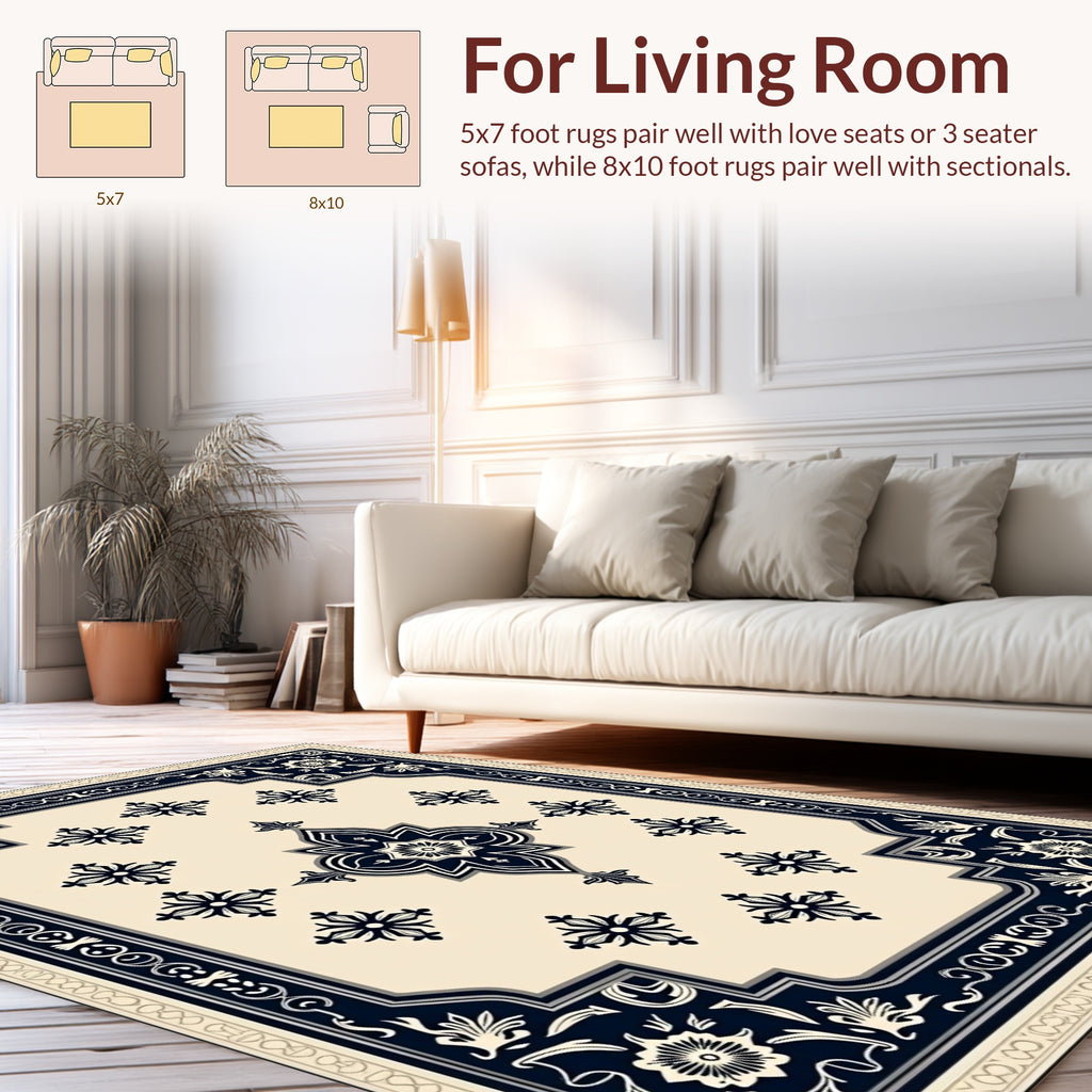 Cream Navy Floral Medallion Rug