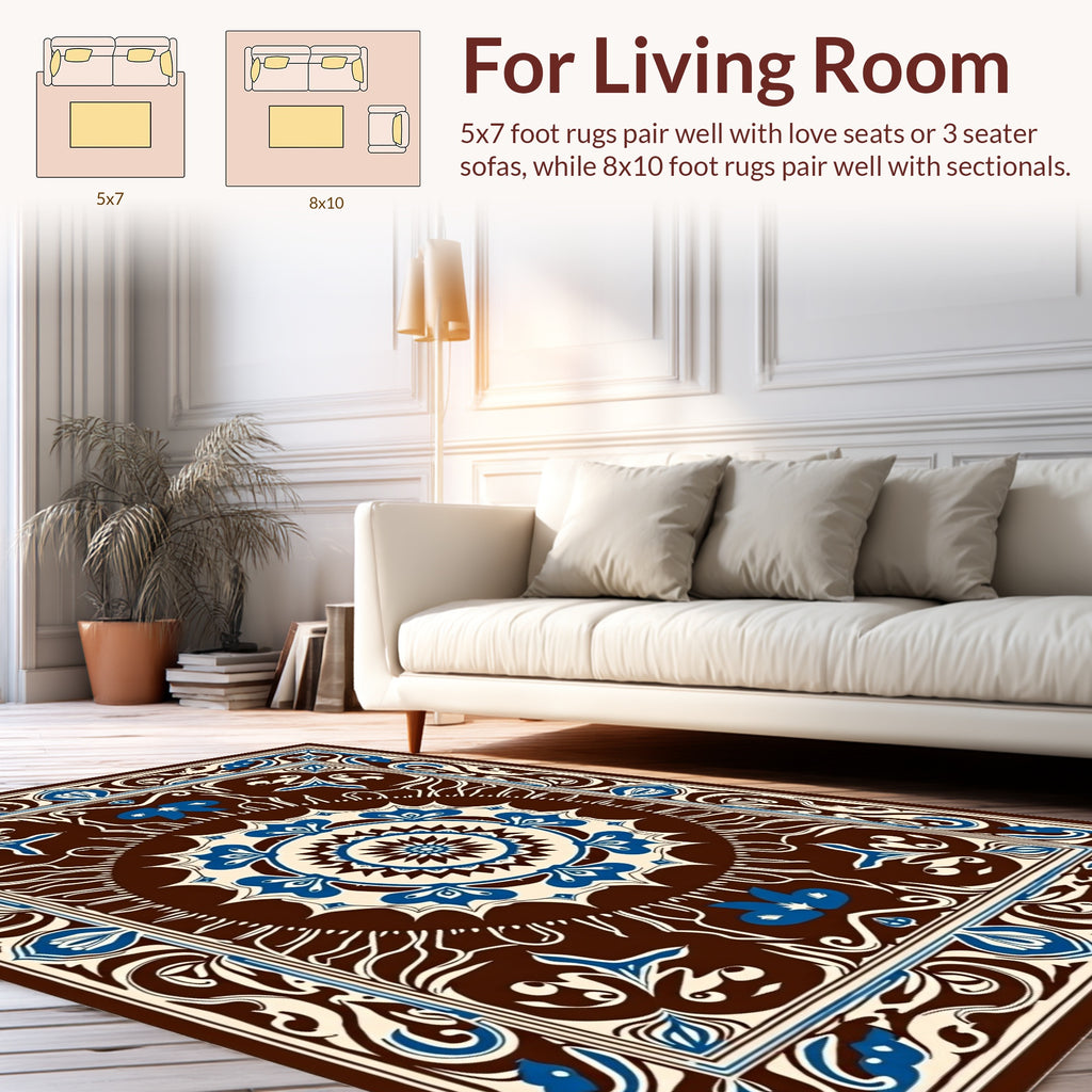 Rich Brown Blue Floral Mandala Design Rug