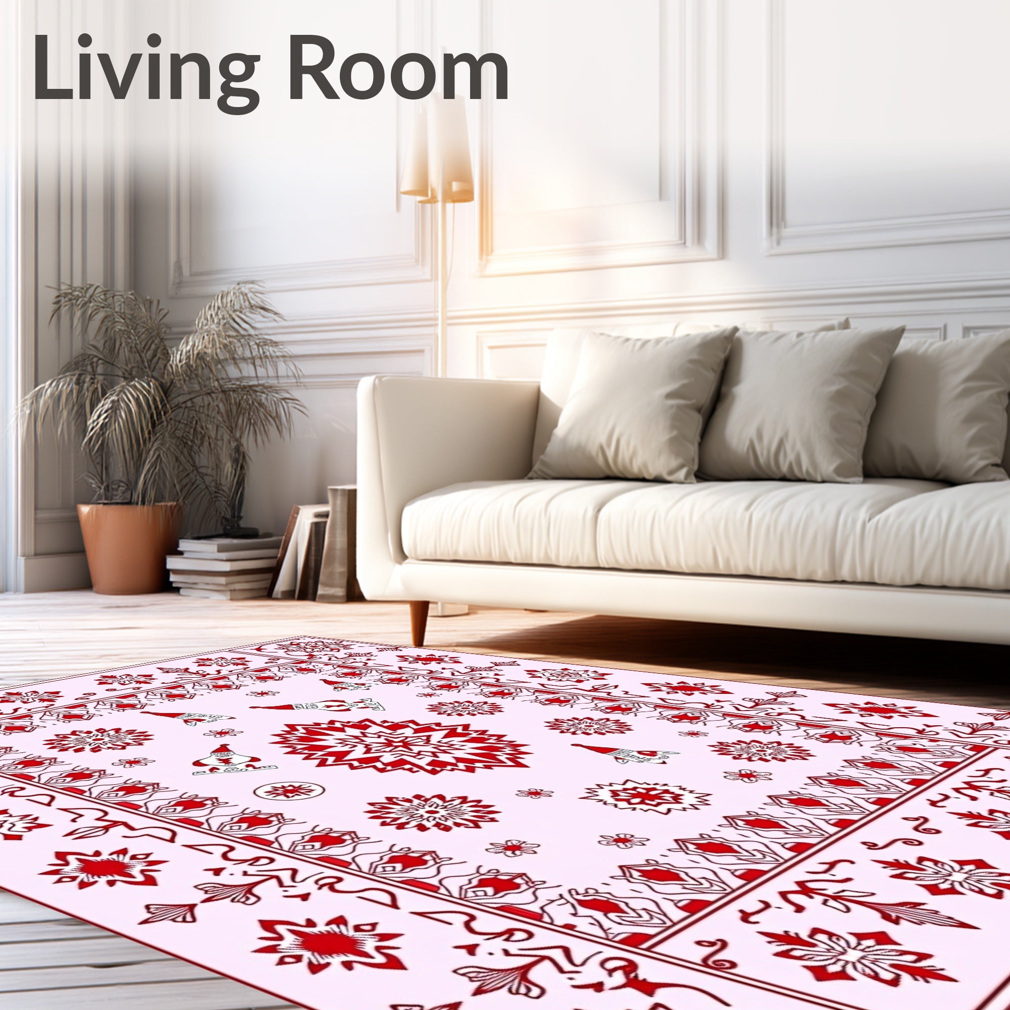Crimson Red Festive Gnome Snowflakes Rug