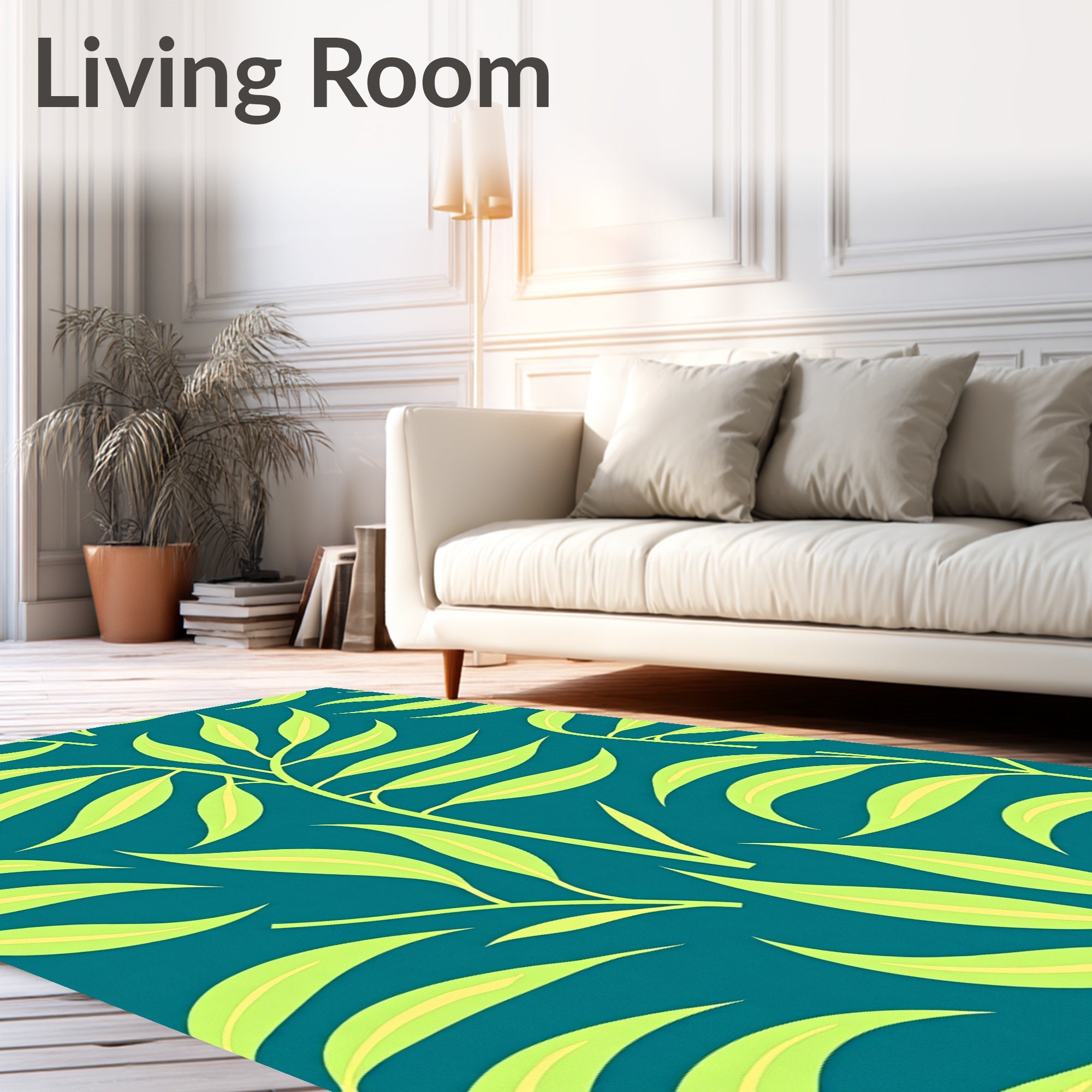 Teal Leaf Patterned Tropical Style Rug