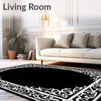 Ornate White Scrollwork Geometric Pattern Rug