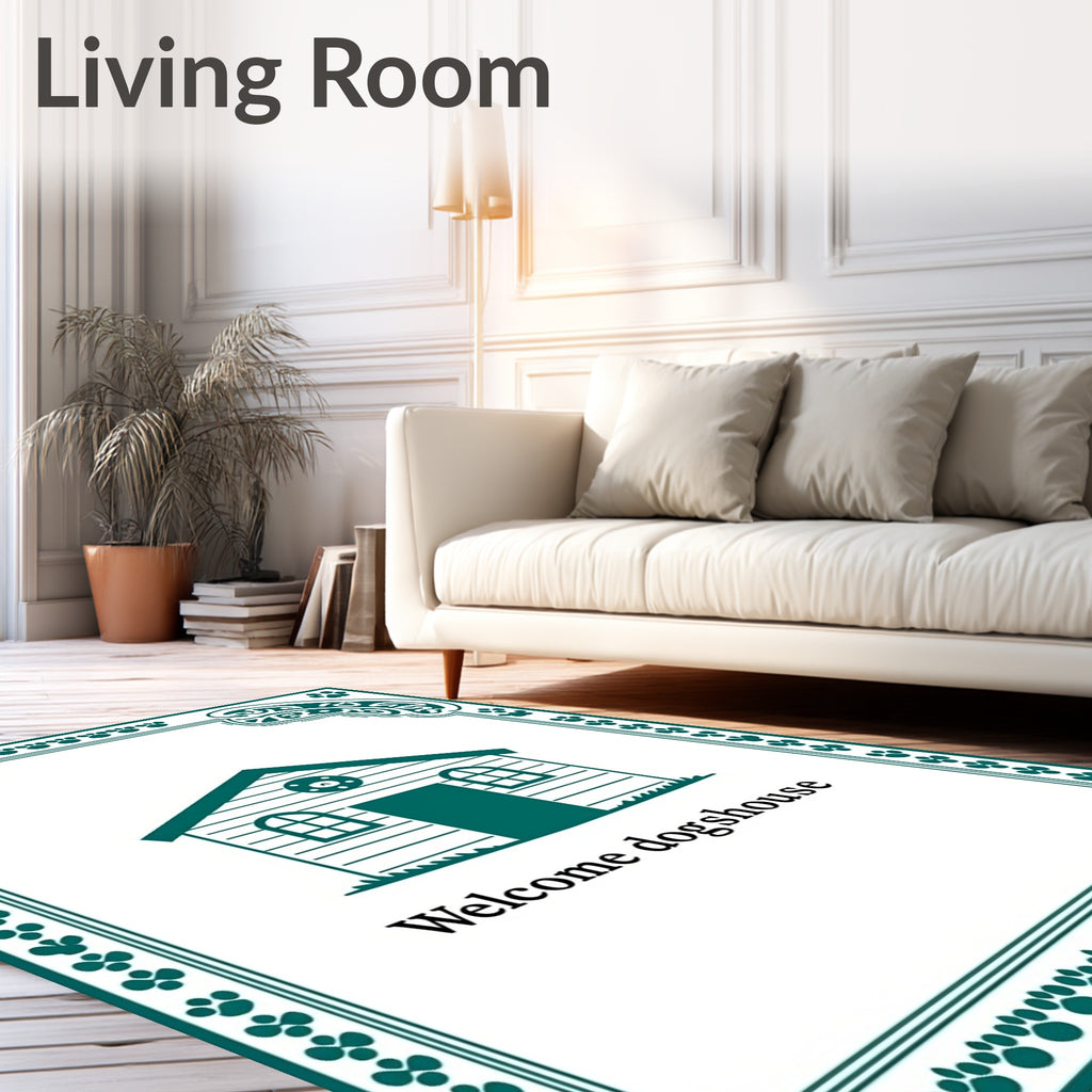 Green Paw Print Doghouse Design Rug