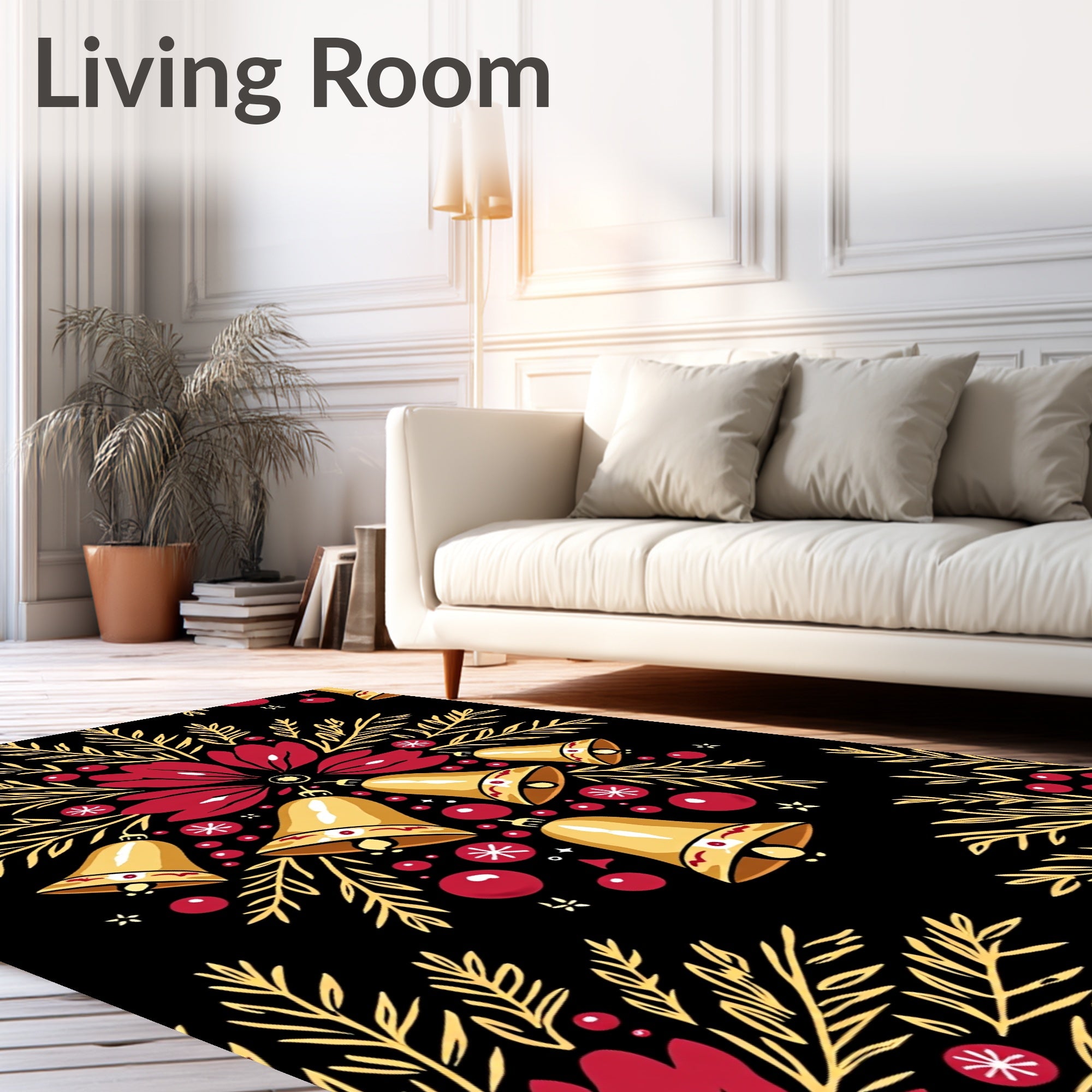 Festive Golden Bells Red Flower Pattern Rug