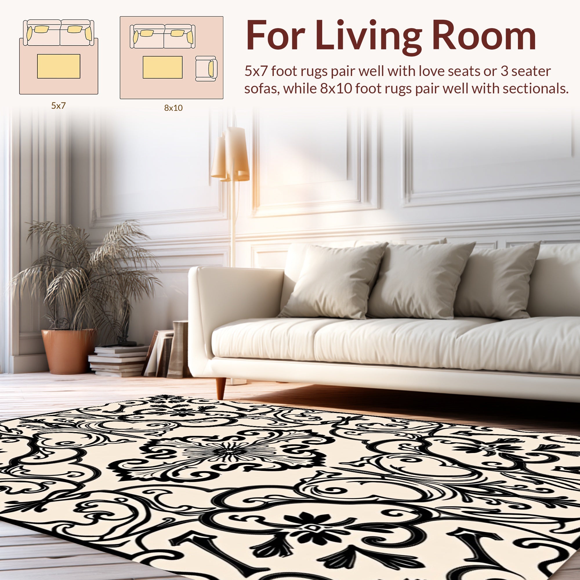 Black Cream Ornamental Scrollwork Rug